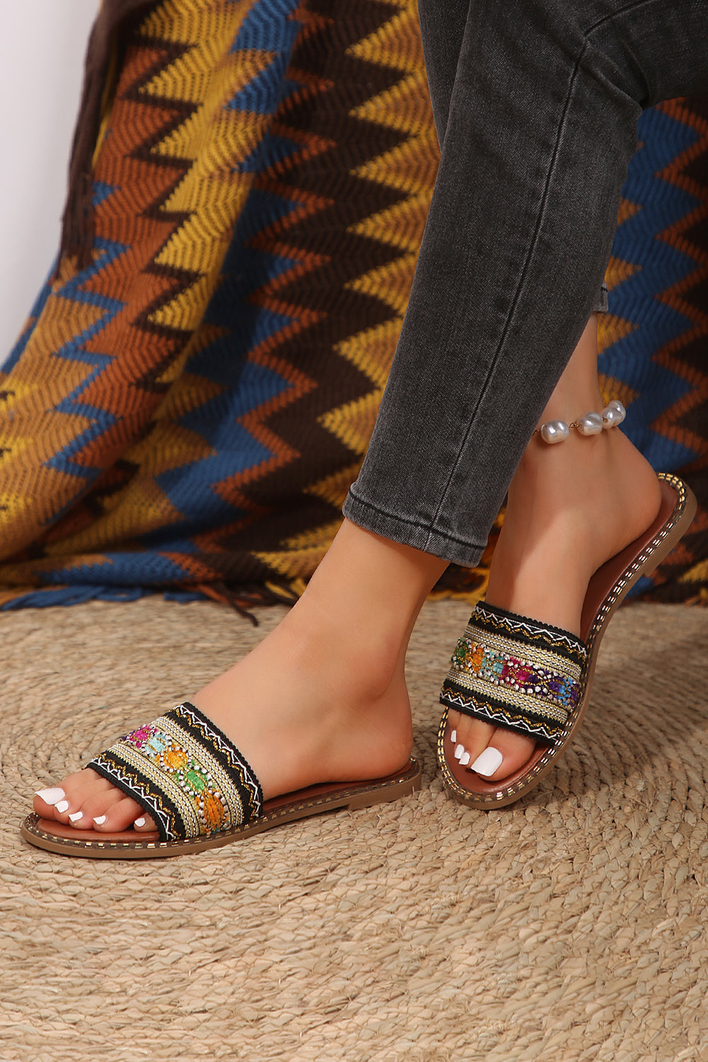 Chestnut Bohemian Pattern Crochet Faux Leather Beach Sandals
