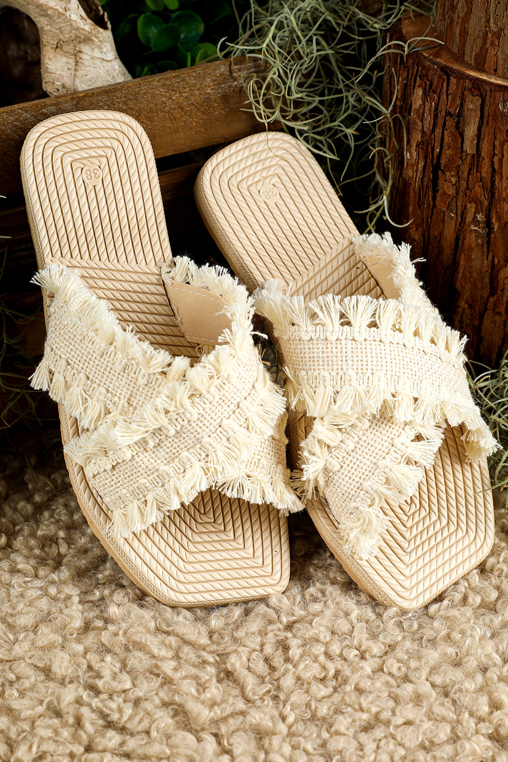 Beige Tassel Woven Crossed Straps Flat Sandals