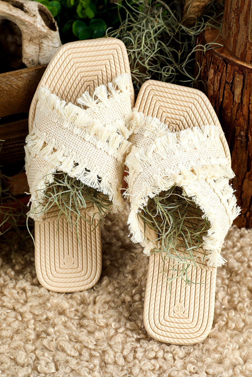Beige Tassel Woven Crossed Straps Flat Sandals