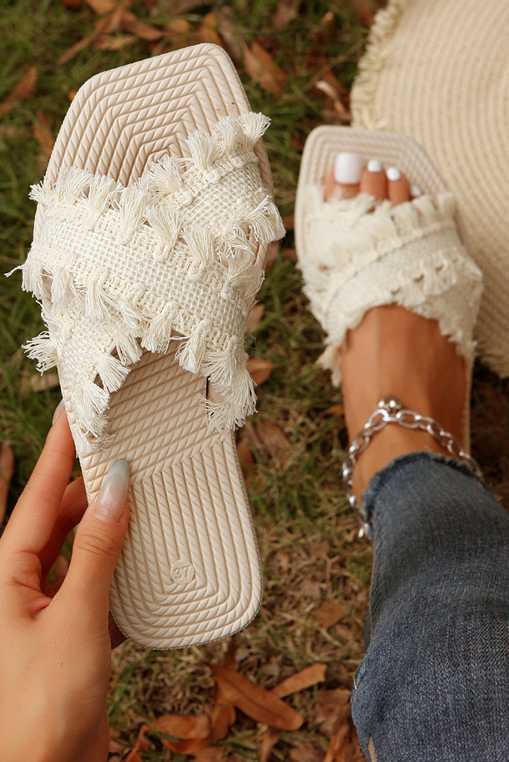 Beige Tassel Woven Crossed Straps Flat Sandals