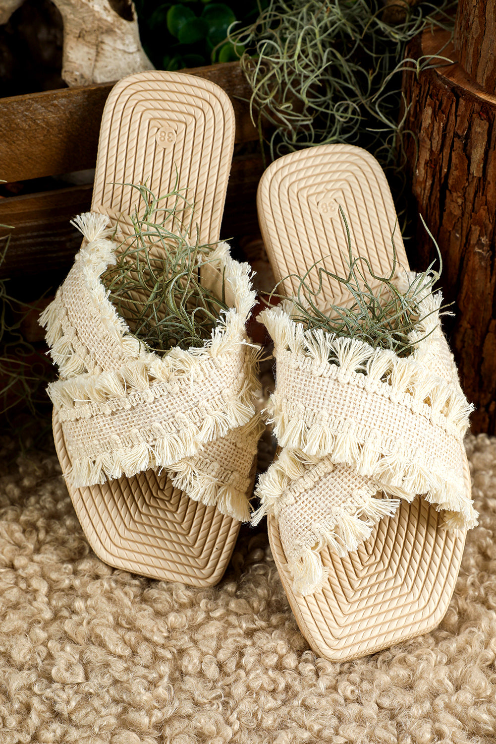 Beige Tassel Woven Crossed Straps Flat Sandals
