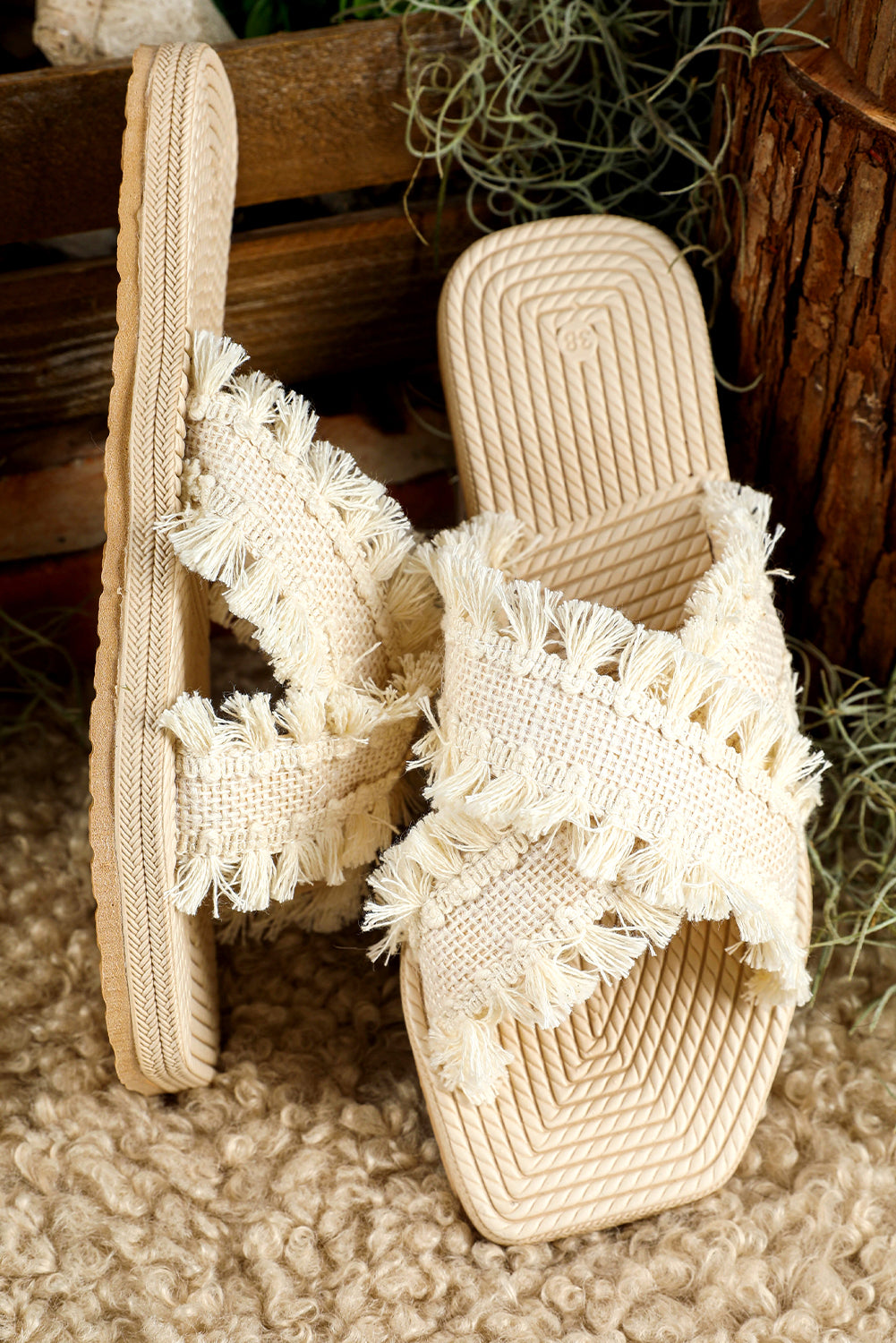 Beige Tassel Woven Crossed Straps Flat Sandals