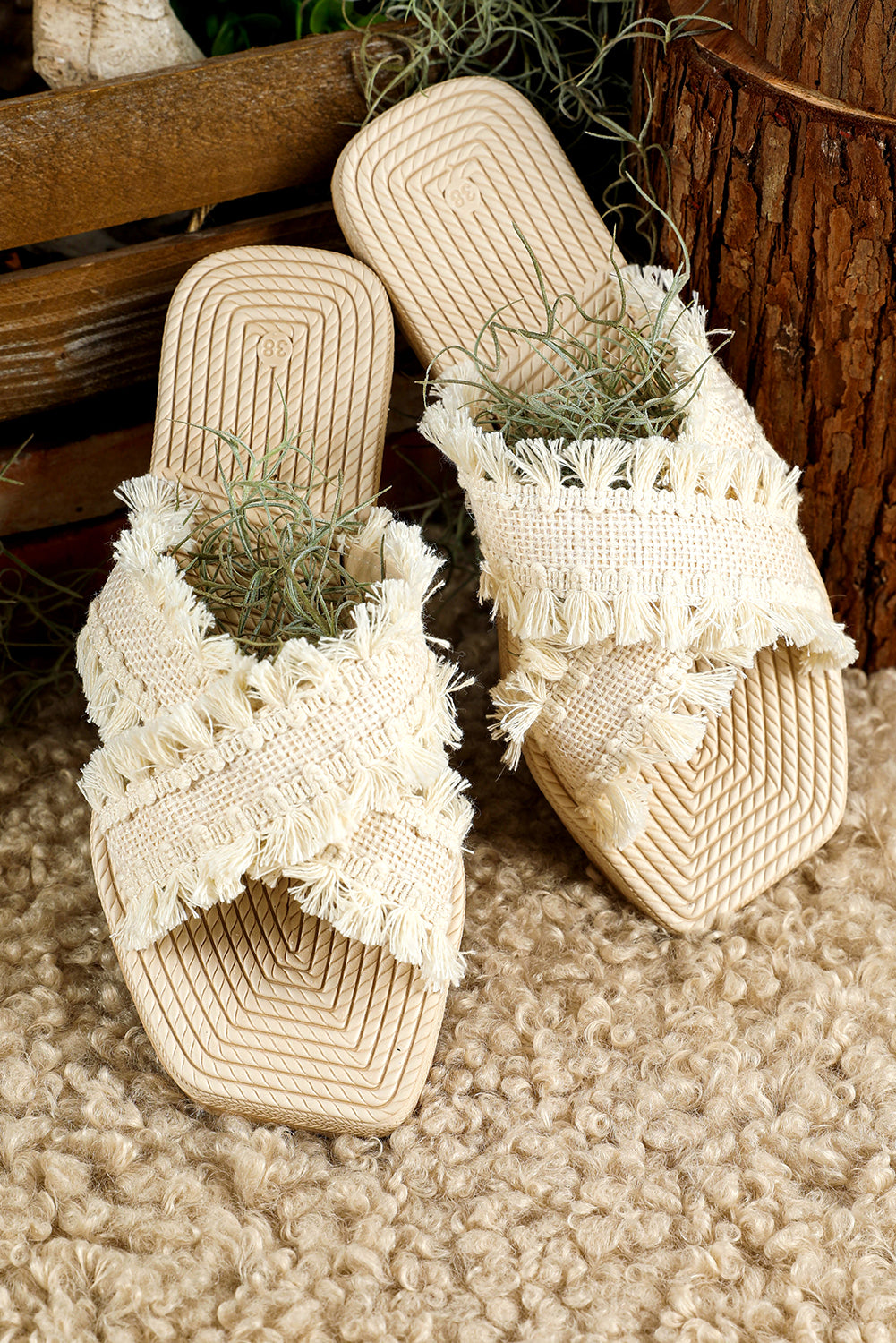 Beige Tassel Woven Crossed Straps Flat Sandals