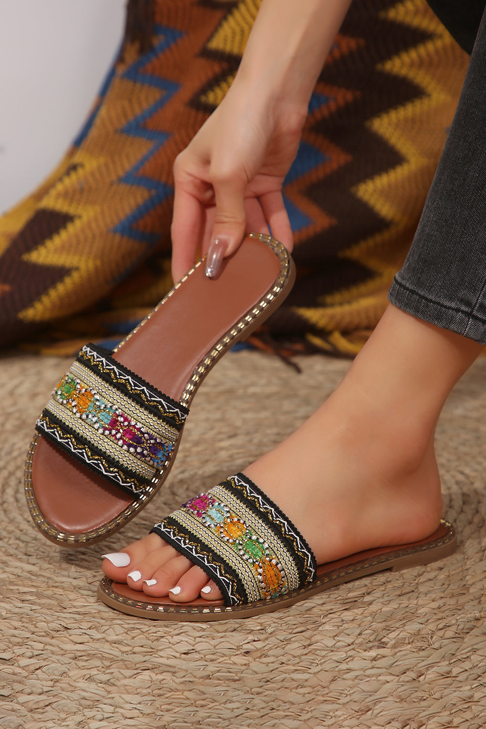 Chestnut Bohemian Pattern Crochet Faux Leather Beach Sandals