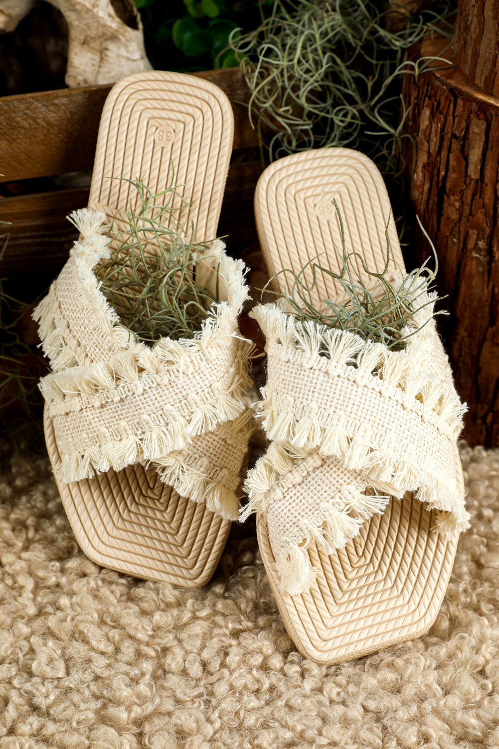 Beige Tassel Woven Crossed Straps Flat Sandals
