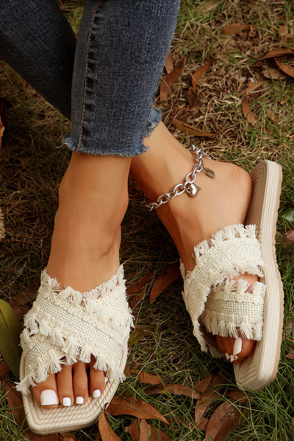 Beige Tassel Woven Crossed Straps Flat Sandals