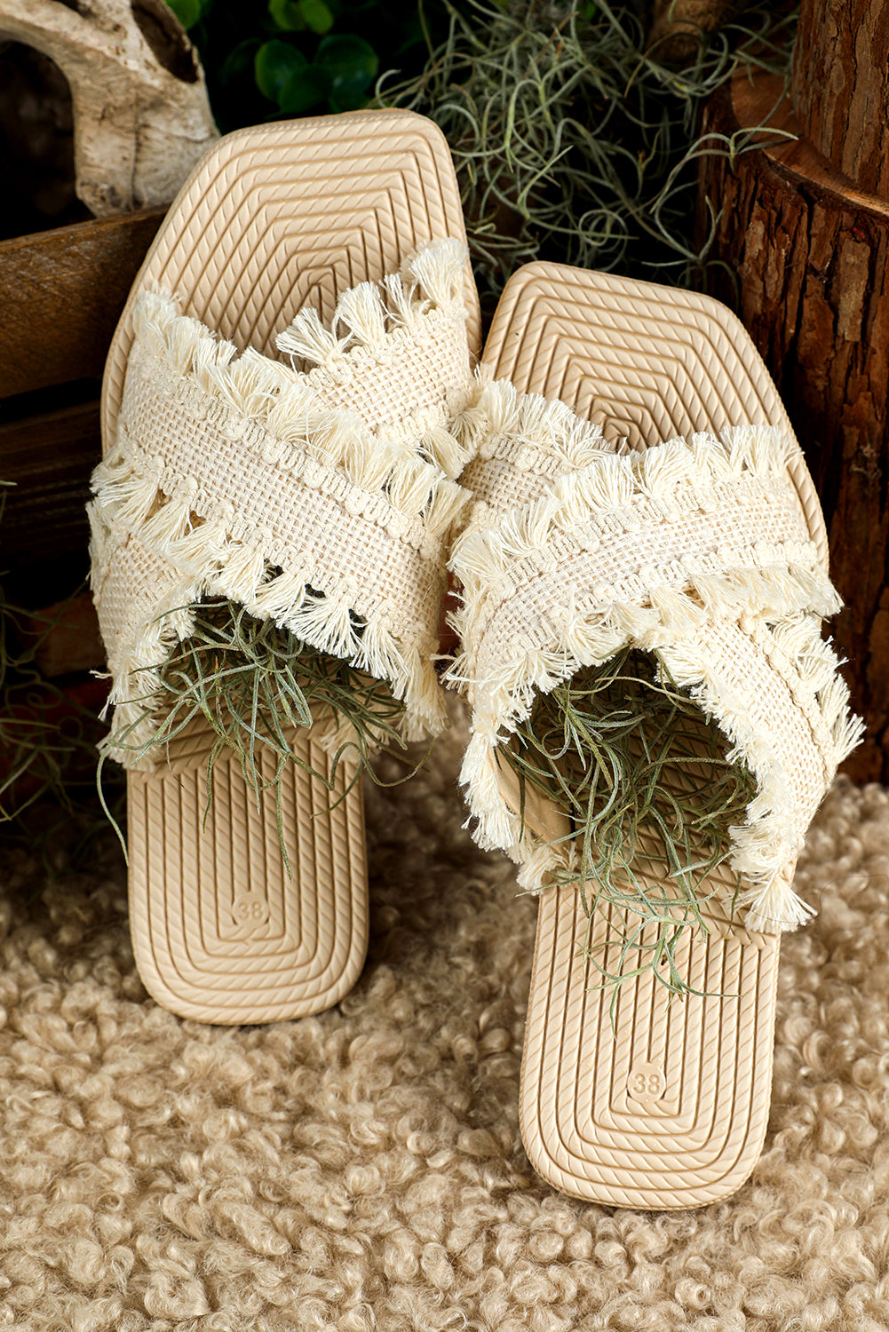 Beige Tassel Woven Crossed Straps Flat Sandals