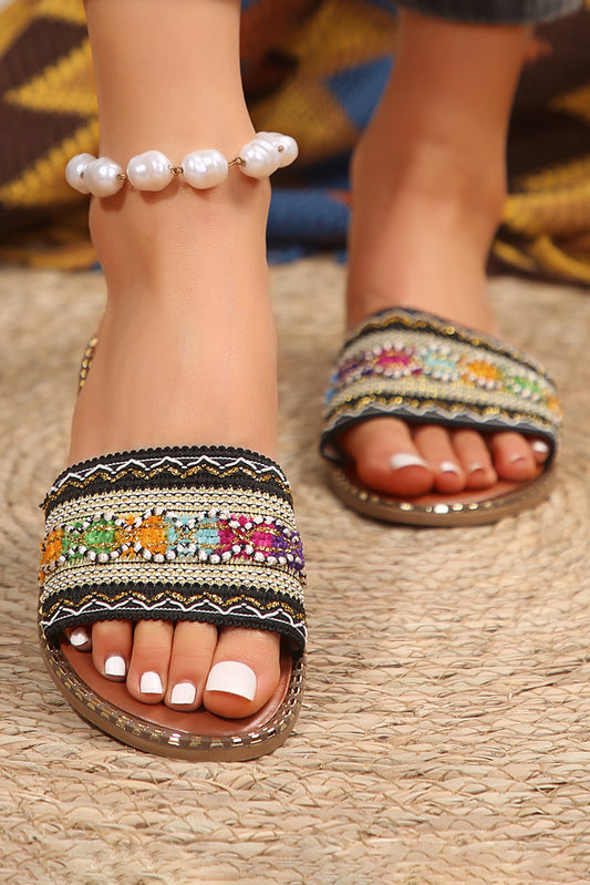 Chestnut Bohemian Pattern Crochet Faux Leather Beach Sandals